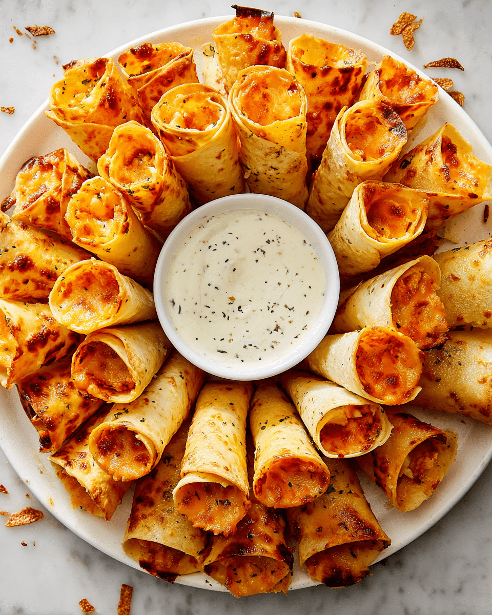A white plate is filled with tightly rolled taquitos arranged in a circular pattern, each taquito showing a light golden brown, crispy tortilla exterior with melted, slightly browned cheese peeking out from inside; the taquitos have a warm yellow and orange color from the cheese and a few charred spots on the edges. In the center of the circle, there is a small white bowl filled with creamy white dipping sauce that has specks of green herbs and black pepper, placed on a white marbled surface with a few crispy bits scattered around. Photo taken with an iphone --ar 4:5 --v 7
