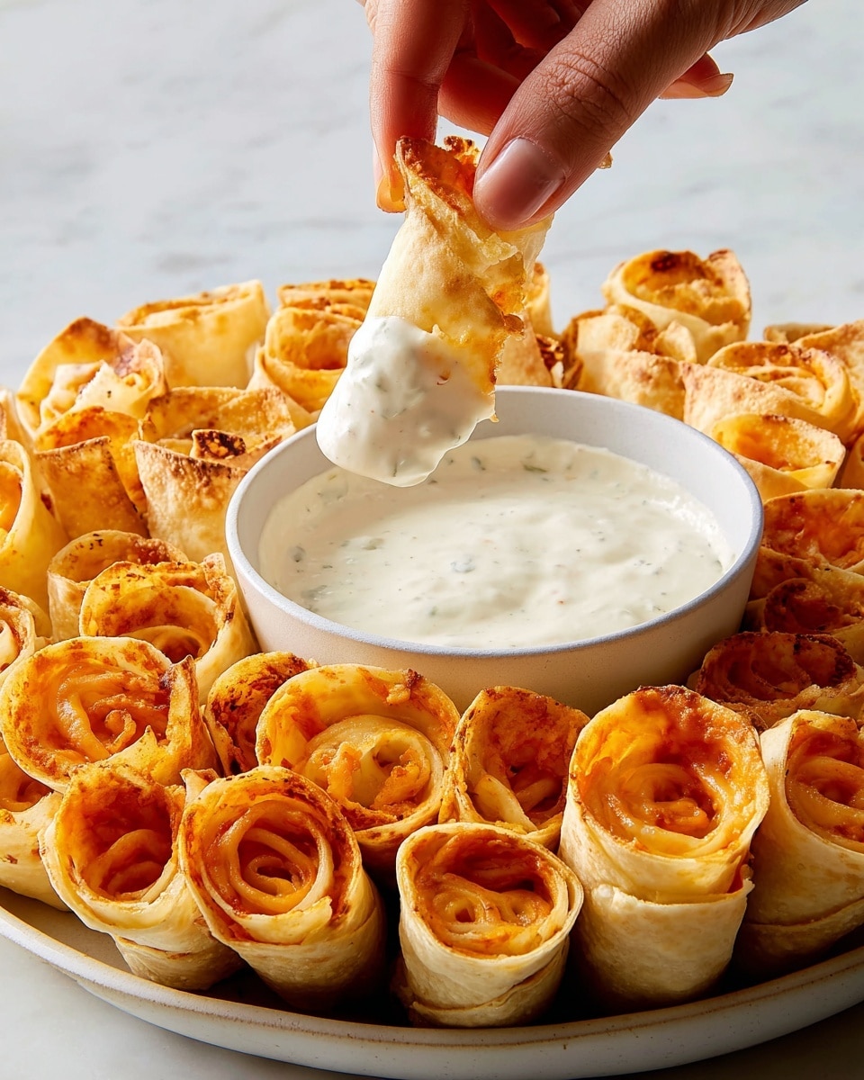 This image shows a white bowl filled with creamy white ranch sauce in the center of a round white plate, surrounded by two layers of rolled taquitos. The bottom layer has tight, lightly golden-brown taquitos with a melted orange cheese filling visible inside the spirals. The top layer has a mix of empty and lightly golden crispy shells, some showing slight browning and curled edges. A woman's hand is dipping one of the crispy taquitos into the sauce. The whole scene is set on a white marbled surface with a soft natural light. photo taken with an iphone --ar 4:5 --v 7