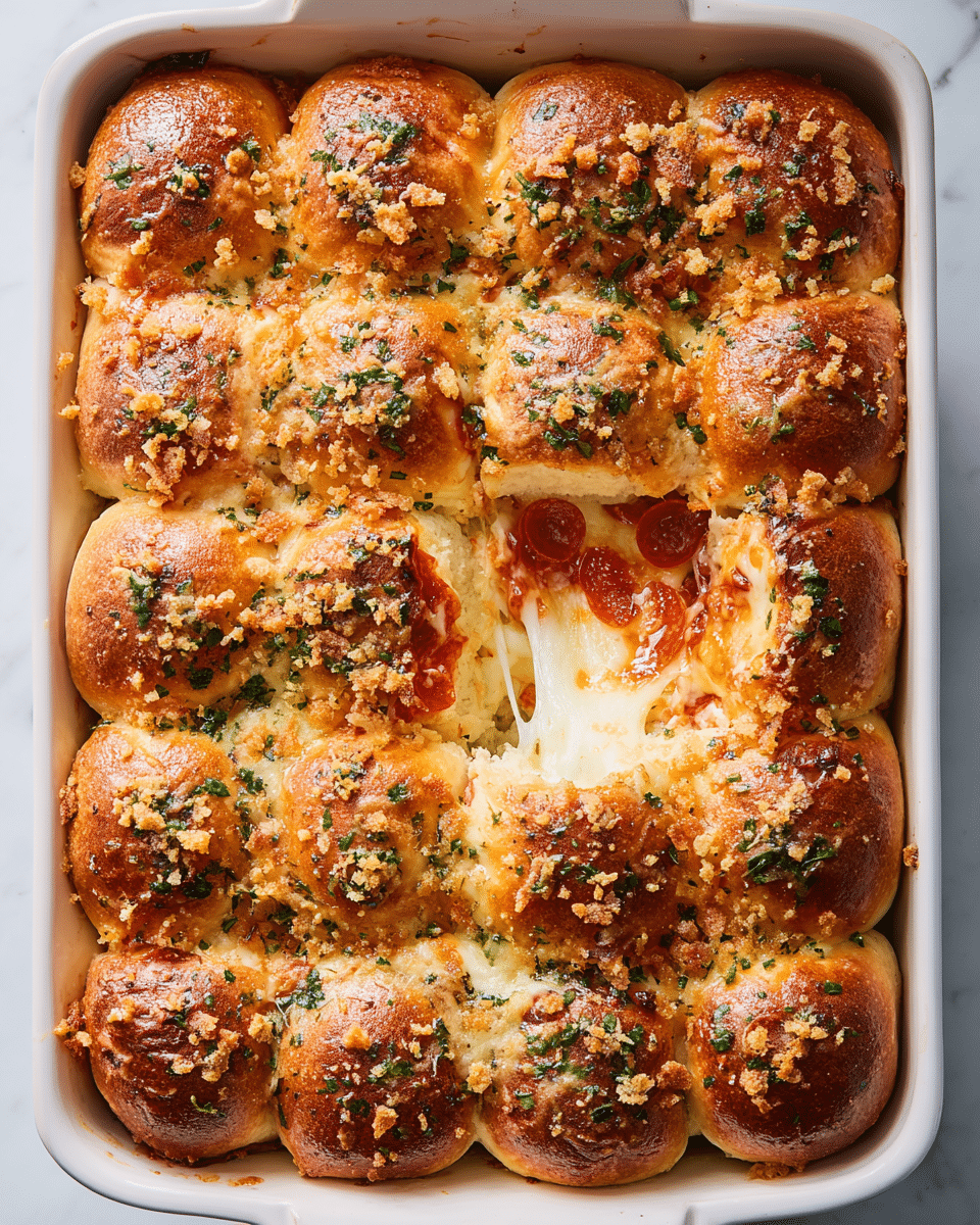 A white baking dish filled with 20 soft, golden-brown bread rolls arranged in a 4x5 grid. Each roll is topped with chopped green herbs and small crispy bits, giving a textured, slightly crispy look. One roll in the center is slightly pulled apart, revealing a gooey mix of melted white and orange cheese, along with slices of pepperoni, layering between the soft dough. The bread looks fluffy with a shiny, brushed surface, and there are hints of melted cheese and sauce seeping between the rolls. The dish sits on a white marbled surface. photo taken with an iphone --ar 4:5 --v 7