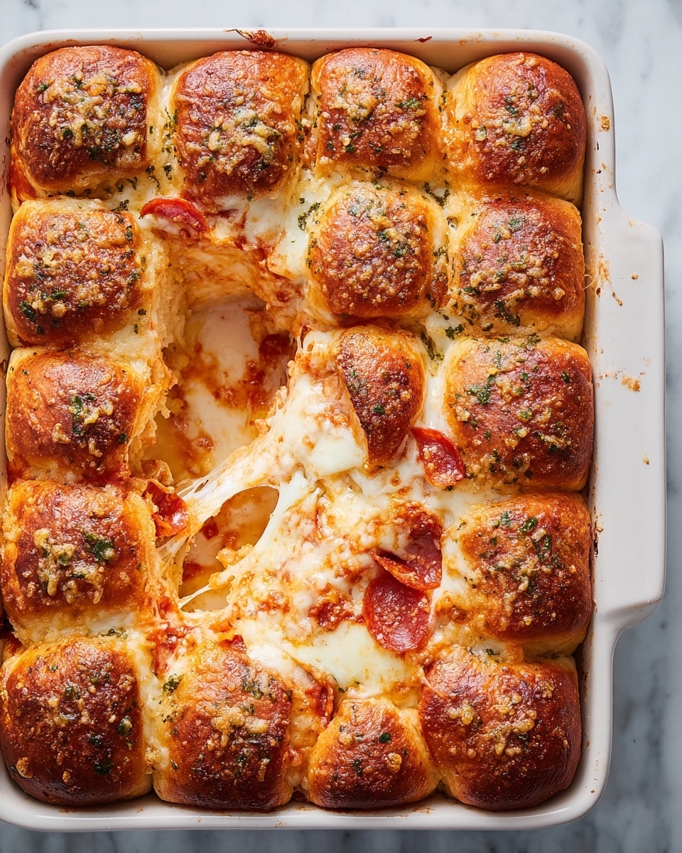 A white rectangular baking dish holds a baked pull-apart pizza roll dish arranged in a grid pattern with three rows and six columns of golden brown, slightly crispy bread rolls topped with small bits of herbs and garlic. Inside, thick creamy melted mozzarella cheese stretches as some rolls are pulled apart, revealing a colorful mix of bright orange tomato sauce, melted cheese, and small round pepperoni slices scattered throughout. The bread is fluffy inside with a rich browned crust, and the dish sits on a white marbled surface. photo taken with an iphone --ar 4:5 --v 7