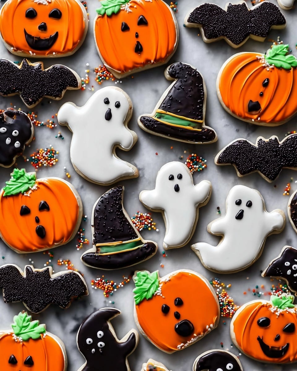 The image shows several dark brown Halloween-themed cookies on a white marbled surface, each cookie covered with a smooth, glossy layer of white glaze icing. The cookies are shaped like bats and pumpkins, with the bats decorated with colorful sprinkles in green, orange, purple, black, and white scattered unevenly on top, along with two small round black eyes added to some bat cookies. The pumpkin cookies have orange, yellow, and white sprinkles spread across the white icing. The cookies are arranged in a scattered pattern with some colorful sprinkles also scattered around them. The text 