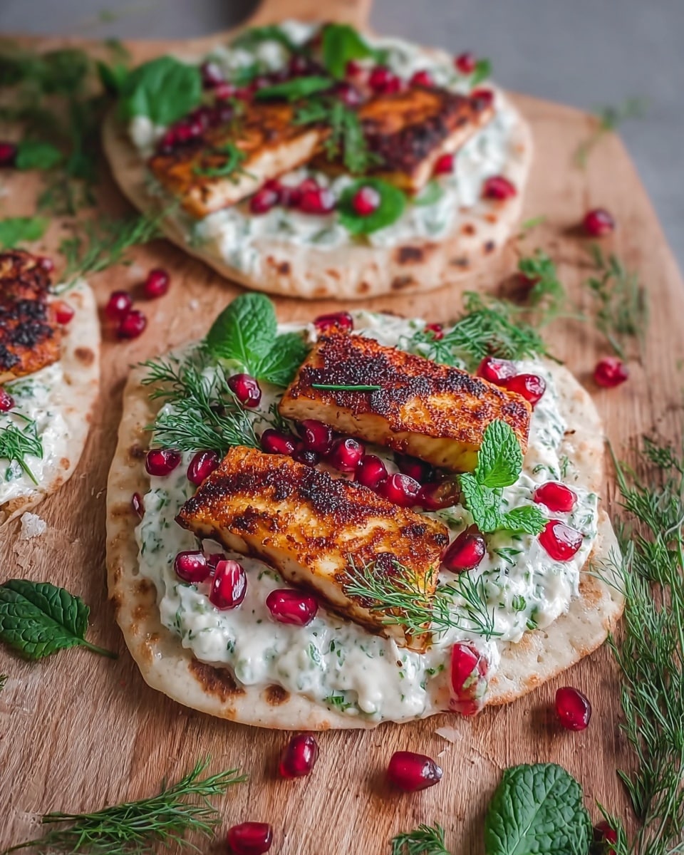 A flatbread base with a soft, slightly puffed texture holds a thick, creamy white spread that has small green herb pieces mixed in, covering the surface generously. On top, three grilled, golden-brown strips of halloumi cheese are placed diagonally, showing a crispy charred surface. Bright red pomegranate seeds are scattered over the cheese and cream, adding vibrant contrast. Fresh green herb leaves and sprigs, including parsley, mint, and dill, are arranged on top and around the cheese, adding a fresh touch. The flatbread is placed on a wooden board with more pieces and scattered herb leaves visible in the background. photo taken with an iphone --ar 4:5 --v 7