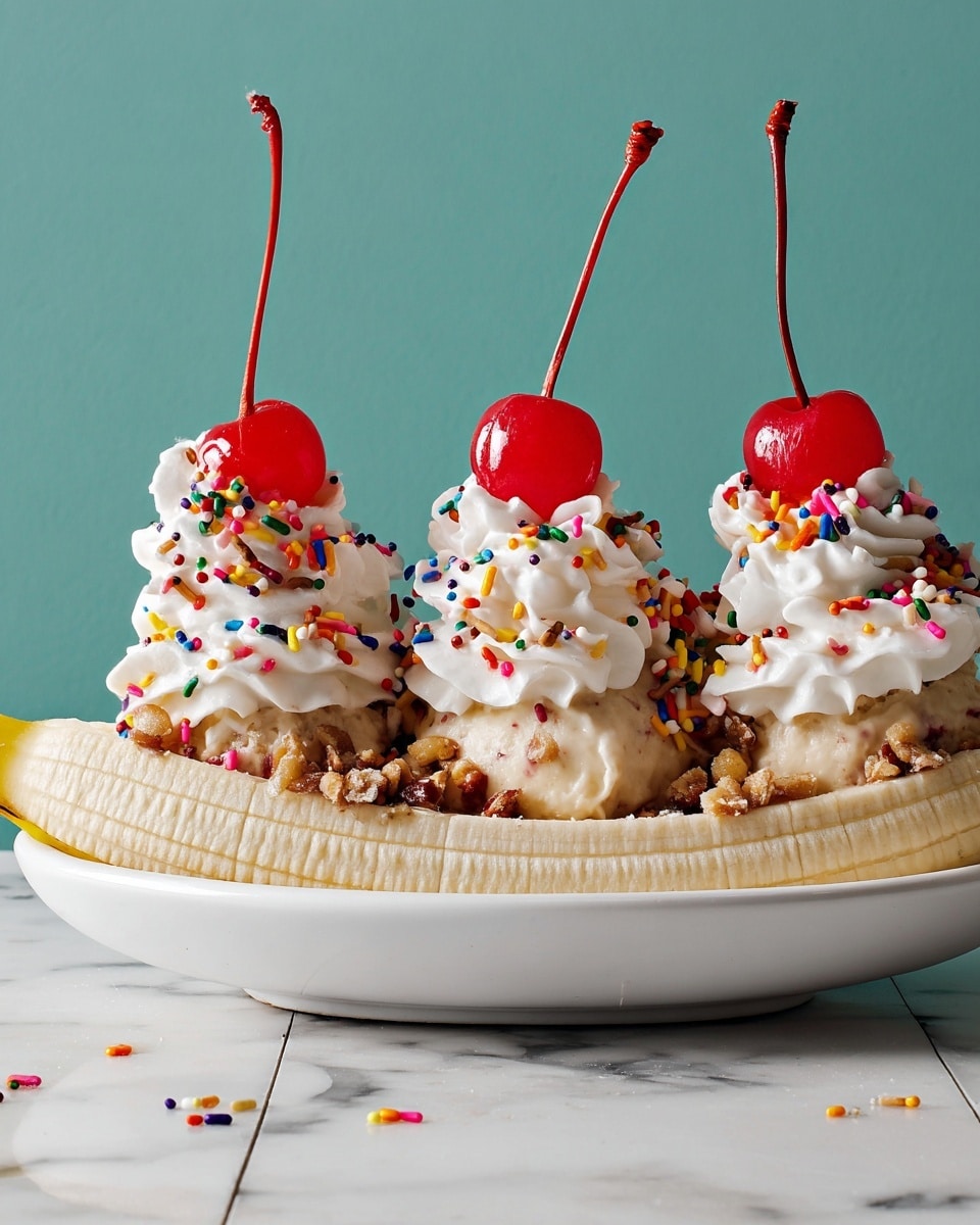The image shows a banana split with three layers of scooped ice cream in the center, covered partially by crunchy nut pieces. On top of each ice cream scoop is a swirl of white whipped cream sprinkled with colorful round and rod-shaped sprinkles. Each whipped cream swirl is topped with a shiny bright red cherry with a long stem. The banana is peeled and placed at the front, partially visible and laying horizontally at the base. The dish is served in a white bowl, set on a white marbled surface with a plain teal background. Photo taken with an iphone --ar 4:5 --v 7