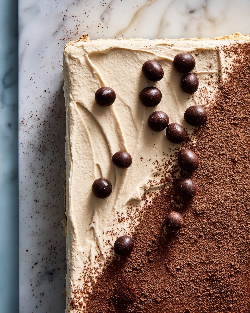 A rectangular dessert is placed on a white marbled surface, divided diagonally into two textures: the left half is smooth, light beige cream spread thickly with small dark brown glossy chocolate balls scattered on top, and the right half is covered with a fine layer of dark brown cocoa powder that also spills slightly onto the marbled surface. The edges of the dessert show soft, uneven swirls of the cream layer beneath the cocoa dusting, creating a contrast between the velvety and powdery textures. Photo taken with an iphone --ar 4:5 --v 7