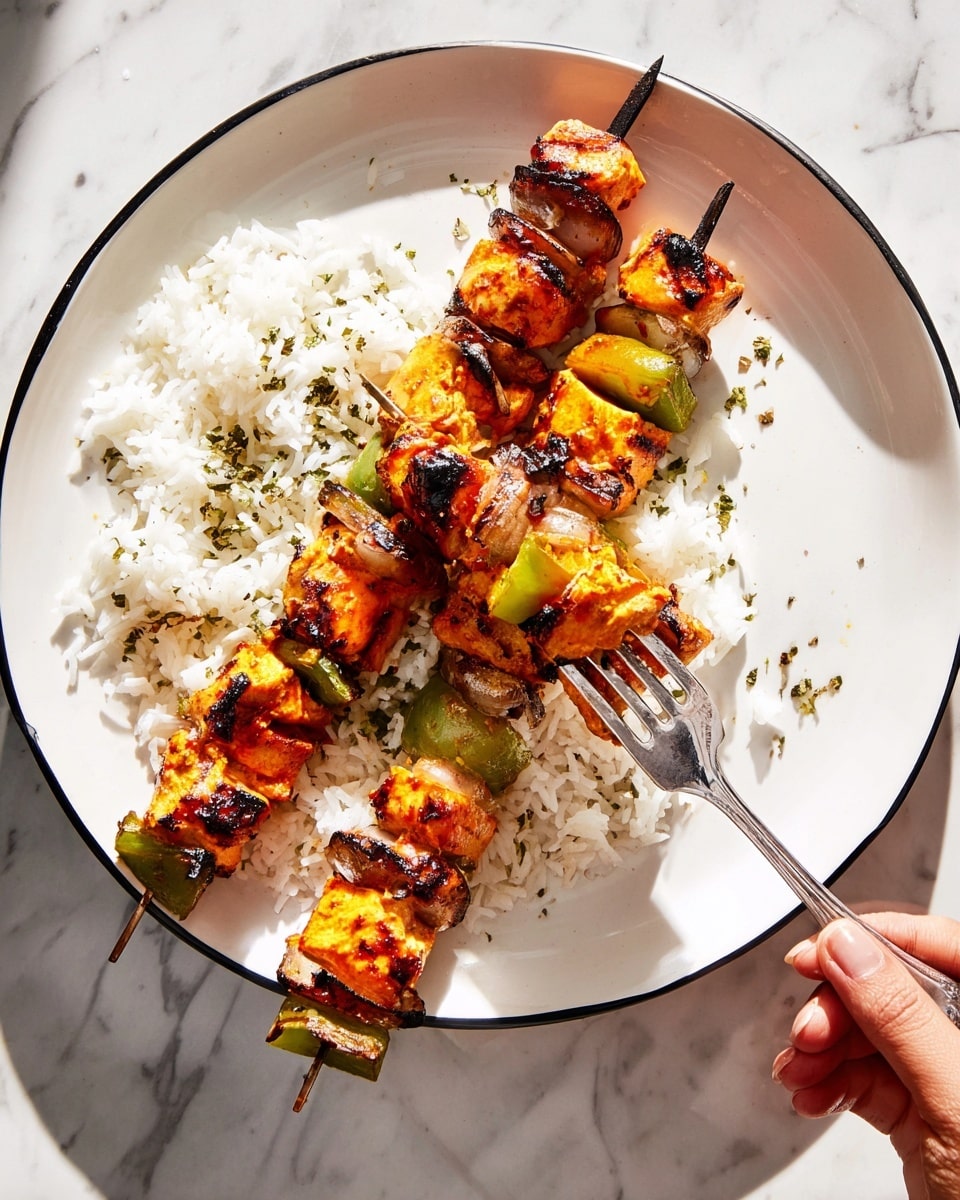 Two skewers of grilled food lie on a white plate with a black rim, resting on a white marbled surface. Each skewer has layers of bright orange grilled chicken pieces with charred spots, green bell pepper chunks, and some darker browned pieces possibly mushrooms or meat, all threaded in an alternating pattern. The plate holds a serving of fluffy white rice scattered lightly with green herb bits. A silver fork held by a woman's hand is piercing a piece of chicken on one skewer, lifting it slightly. The overall scene shows a close-up of the food with natural light highlighting the textures and colors. photo taken with an iphone --ar 4:5 --v 7