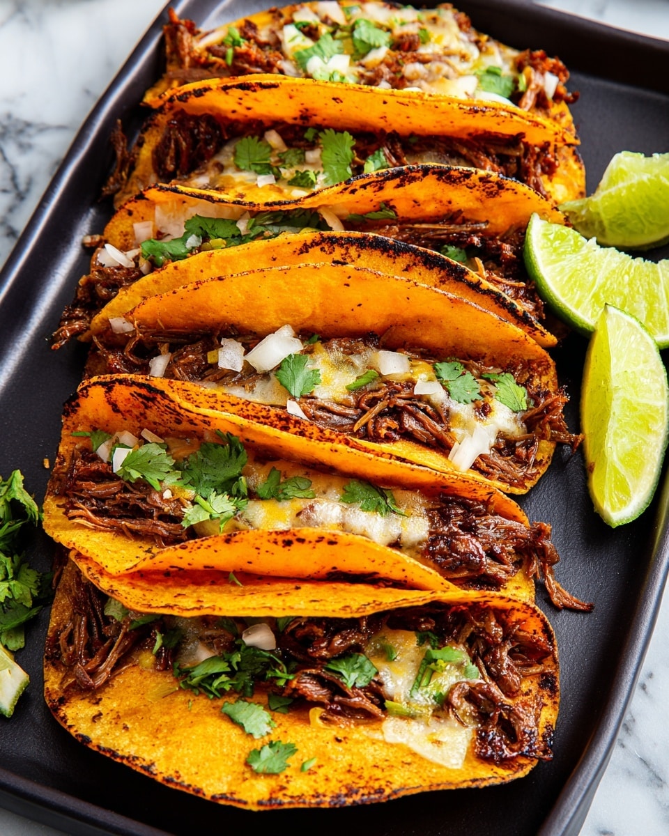 Five orange, slightly charred tacos are neatly lined up on a black tray placed on a white marbled surface. Each taco has two layers: the outer soft orange tortilla with some black grill marks, and the inner filling made of shredded dark brown meat mixed with melting light yellow cheese and small bits of white onion. Fresh green cilantro leaves are scattered both inside the tacos and on the tray. Bright green lime wedges sit near the tacos, adding a fresh touch to the scene. Photo taken with an iphone --ar 4:5 --v 7