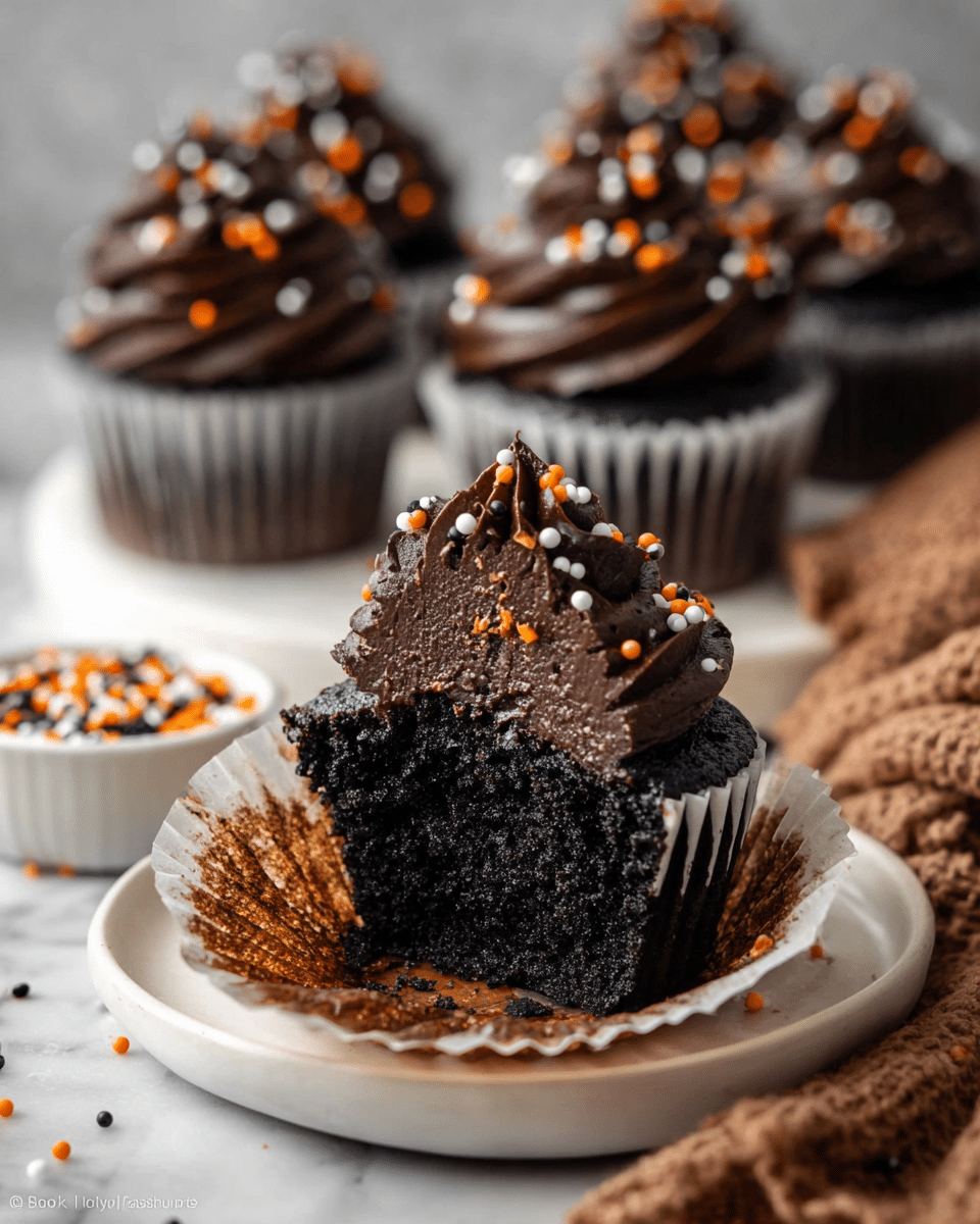 A dark chocolate cupcake split in half sits on a small white plate with a brown cupcake liner partly peeled back. The cupcake has two layers: a rich, moist black cake base and a thick swirl of dark chocolate frosting on top, decorated with small orange, white, and black round sprinkles. In the blurred background, there are three more whole cupcakes with the same frosting and sprinkles in white liners, all placed on a white marbled surface. There is also a small white bowl filled with matching sprinkles and a knitted cloth in soft brown tones nearby. Photo taken with an iphone --ar 4:5 --v 7