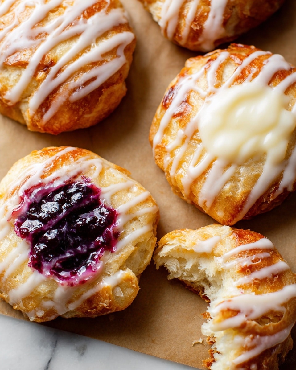A close-up view of four soft, golden-brown pastries with a shiny surface, each topped with white icing drizzled in thin lines. Two pastries have a deep purple jam filling in the center, glossy and slightly textured, while the other two show a creamy off-white filling. One pastry with the creamy filling is partially broken open, revealing a fluffy, tender inside. The pastries rest on a light brown baking paper, set against a white marbled surface. Photo taken with an iphone --ar 4:5 --v 7