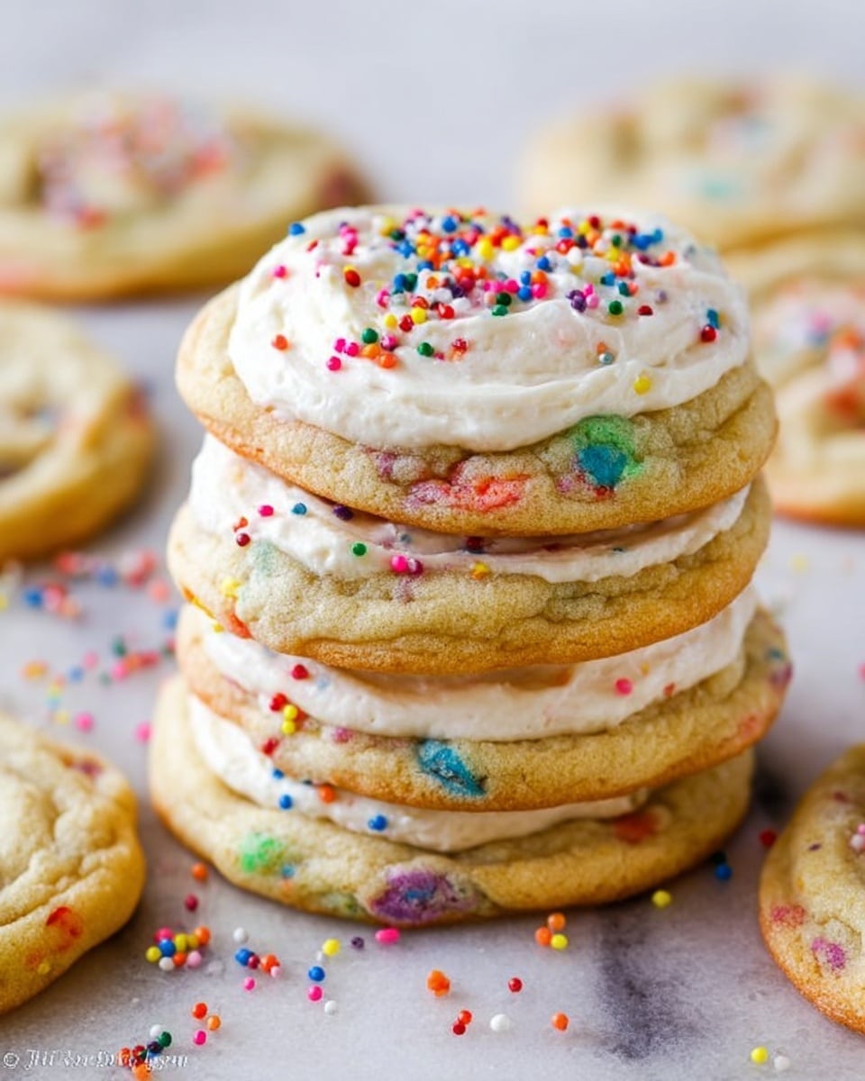 The image shows soft, round cookies with colorful sprinkles mixed throughout the dough. The cookies have a pale golden color with bright bits of red, blue, purple, green, and orange scattered inside and on top. The top part of the image displays cookies with a thick, creamy white frosting spread unevenly on each, sprinkled with small round multicolored sprinkles. The cookies are stacked closely together on a white marbled surface. The bottom part of the image shows plain cookies without frosting, arranged on a white decorative plate set against a wood-textured background. photo taken with an iphone --ar 4:5 --v 7