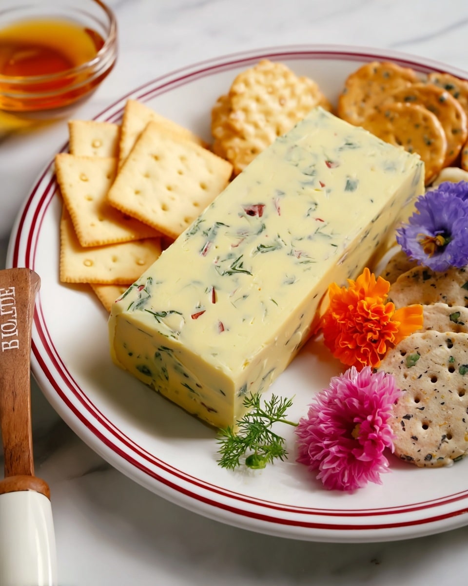 The dish shows a rectangular block of pale yellow herb butter with visible green and red flecks spread evenly throughout, set in the center of a white plate with thin red stripes near the edge. Surrounding the butter are three types of crackers: light yellow square saltine-style crackers with small holes, round beige crackers with a scalloped edge, and golden-brown round pretzel crackers, each arranged neatly in groups behind the butter. On the right side, there are some speckled light beige crackers, possibly with seeds, partly covered by small, vibrant edible flowers in orange, pink, and purple. To the left of the butter, there is a small glass bowl with an amber liquid, a wooden-handled spreader marked 