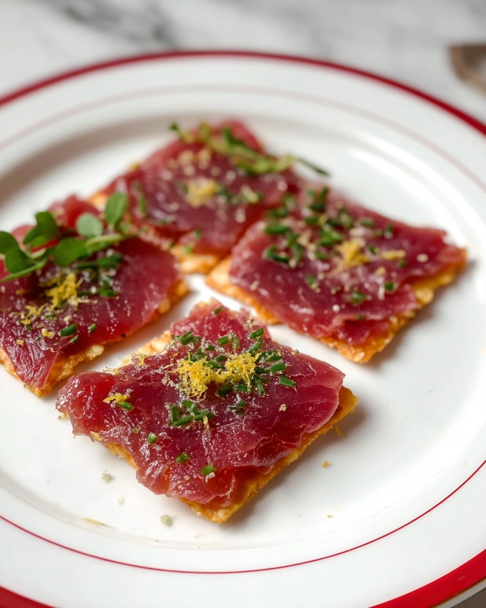 The image shows four square pieces of a dish arranged on a white plate with two red rings near the edge. Each piece has two visible layers: the bottom layer is an orange, smooth, and slightly glossy base, while the top layer consists of several thin, slightly translucent deep red slices folded over each other. The top layer is sprinkled with small green herb pieces and tiny yellow zest, adding texture and color contrast. The plate rests on a surface with a white marbled texture. photo taken with an iphone --ar 4:5 --v 7