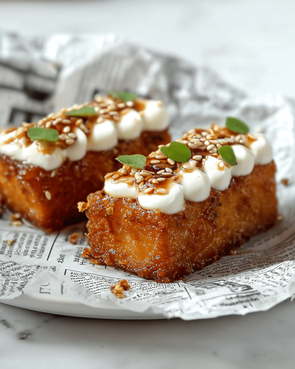 Two rectangular, golden-brown fried pieces with a crispy texture are placed on crumpled newspaper on a white plate. Each piece has a layer of white cream piped in small ridges on top. On top of the cream, there is a sticky, dark amber glaze sprinkled with white sesame seeds and small green herb leaves. The background is a white marbled surface. Photo taken with an iphone --ar 4:5 --v 7