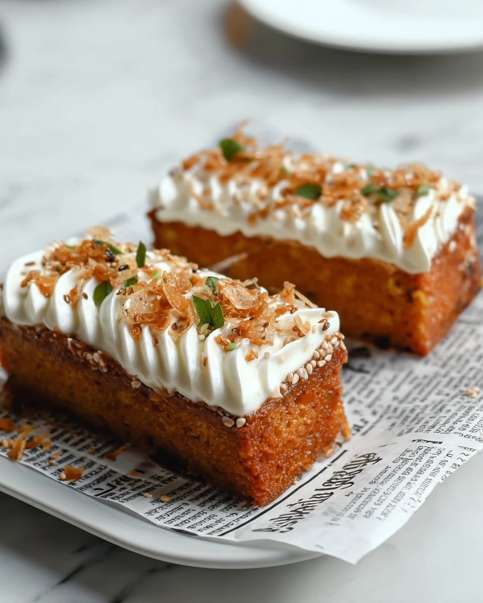 Two rectangular pieces of golden brown fried cake sit on a white plate lined with newspaper print. Each piece is topped with a thick layer of smooth white cream, arranged in a wavy pattern. On top of the cream, there are small crunchy bits of caramelized sesame seeds with a shiny, sticky texture and tiny green herb leaves scattered for decoration. The fried cake has a crispy texture with sesame seeds visible on the sides, and the whole setup is on a white marbled surface. photo taken with an iphone --ar 4:5 --v 7