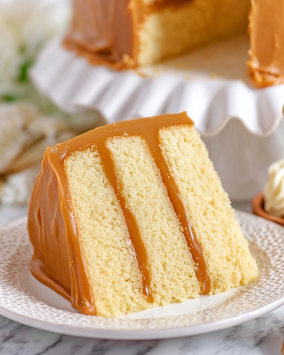 A close-up of a three-layer light yellow cake slice on a white decorative plate with a textured rim. Each cake layer is separated by a smooth caramel-colored frosting in the middle, with the same frosting also covering the outside edges and top of the cake slice. The background shows a blurred whole cake covered with caramel frosting on a white scalloped cake stand, all set on a white marbled surface. Photo taken with an iphone --ar 4:5 --v 7
