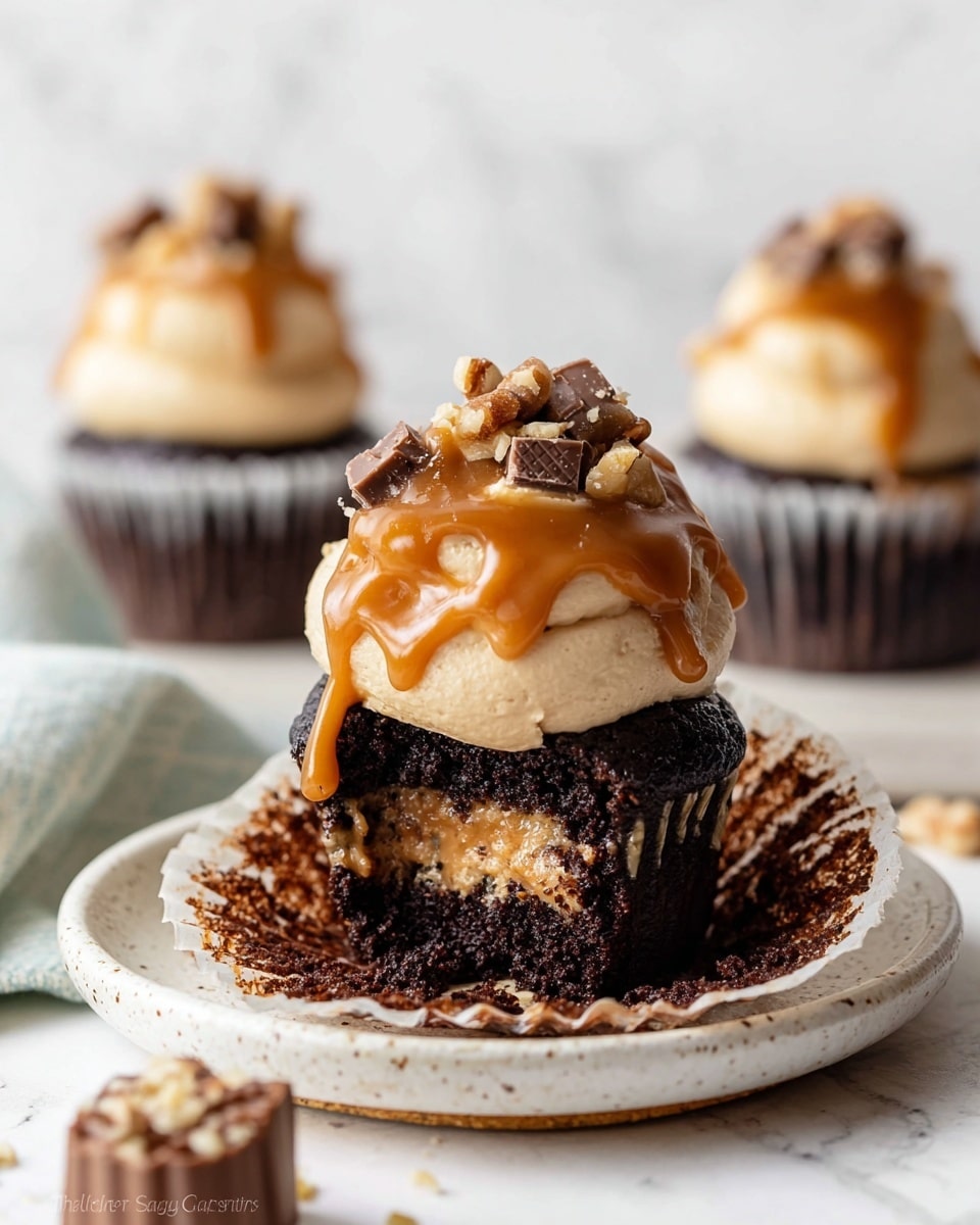 This image shows a close-up of a cupcake with three layers, placed on a white speckled plate with rustic edges on a white marbled surface. The bottom layer is dark, moist chocolate cake. The middle layer is gooey caramel dripping down the side. The top layer is light tan creamy frosting, shaped in a smooth mound. On top of the frosting are small pieces of chopped chocolate and nuts, with caramel sauce drizzled over everything. In the background, two more cupcakes with similar layers and toppings sit out of focus. A piece of cupcake wrapper and a small nut-topped chocolate piece lie on the white marbled surface near the plate. Photo taken with an iphone --ar 4:5 --v 7