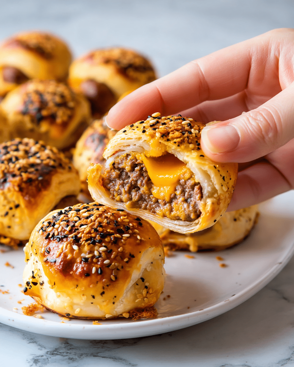 A white oval plate filled with many small sausage rolls, each sausage is wrapped in golden-brown flaky pastry that is topped with a sprinkle of sesame seeds and black pepper, showing a layered, crispy texture. Alongside the sausage rolls, on the right side of the plate, is a small white round bowl filled with smooth yellow mustard sauce. The whole plate sits on a white marbled surface with a beige cloth napkin slightly visible on the left side. photo taken with an iphone --ar 4:5 --v 7
