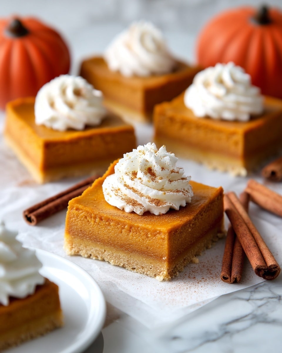 A square piece of pumpkin pie with two visible layers: a bottom crumbly light brown crust and a thick, smooth, orange pumpkin filling layer on top, crowned with a swirl of white whipped cream dusted with cinnamon powder. The pie sits on white parchment paper with a whole small pumpkin and cinnamon sticks nearby, all on a white marbled surface. In the background, more square pieces of the same pumpkin pie are partially visible, and a white plate with another piece topped with whipped cream is at the bottom left corner. Photo taken with an iphone --ar 4:5 --v 7