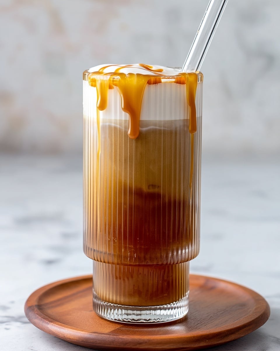 A tall clear glass filled with three distinct layers: the bottom layer is white milk, the middle layer is a mix of the milk blending into a light brown coffee shade, and the top layer is dark brown iced coffee with many small ice cubes. Some coffee drips run down the side of the glass. The glass sits on a white marbled surface with a few coffee beans blurred in the background and a white bowl with a tea-like liquid partially visible in the upper left corner, photo taken with an iphone --ar 4:5 --v 7