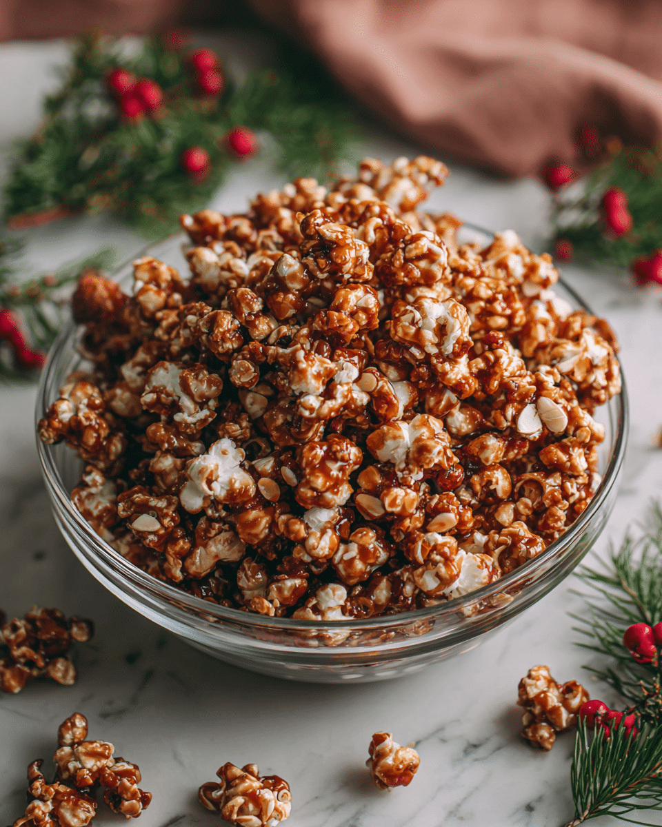 A clear round bowl filled with a large pile of caramel-coated popcorn mixed with sprinkled light beige slivers of almonds on top and throughout, resting on a white marbled surface. The caramel popcorn has a glossy, rich brown color and a slightly uneven texture from the coating. Small bright red berries and green leaves decorate around the bowl, adding color contrast. The background is soft and blurred with warm tones. photo taken with an iphone --ar 4:5 --v 7