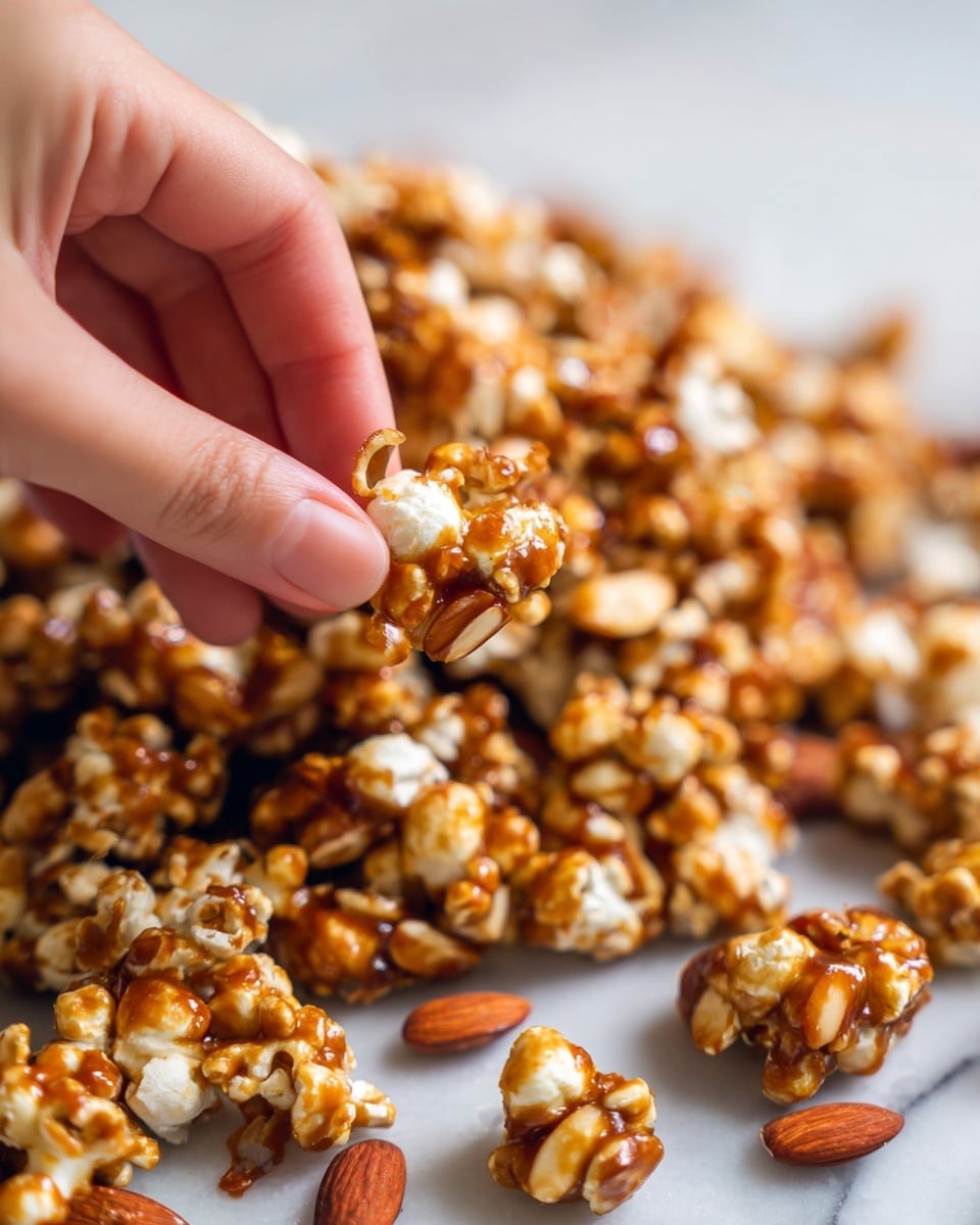 A close-up view of a pile of caramel-coated popcorn mixed with slivered almonds, showing a rich glossy brown color and a crunchy texture. A woman's hand is gently pinching a piece of the popcorn, highlighting the detailed coating and nut pieces. The background shows more of the popcorn mix blurred softly, all set on a white marbled surface. Photo taken with an iphone --ar 4:5 --v 7