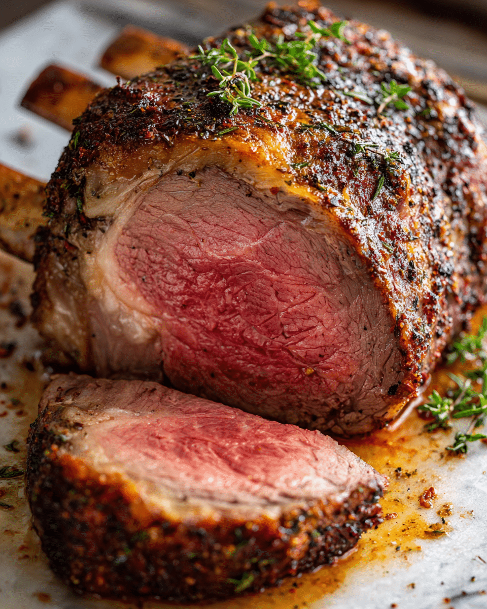A close-up view of a large, juicy roast beef cut with two bones visible on either side; the roast has a dark, well-seasoned brown crust with herbs on the outside and a bright, tender pink center showing its medium-rare cook. One thick slice lies flat in the foreground, showing the same pink interior with a slight crust around the edges. The meat rests on a white marbled surface with some meat juices scattered around, giving the scene a fresh and rich look. photo taken with an iphone --ar 4:5 --v 7