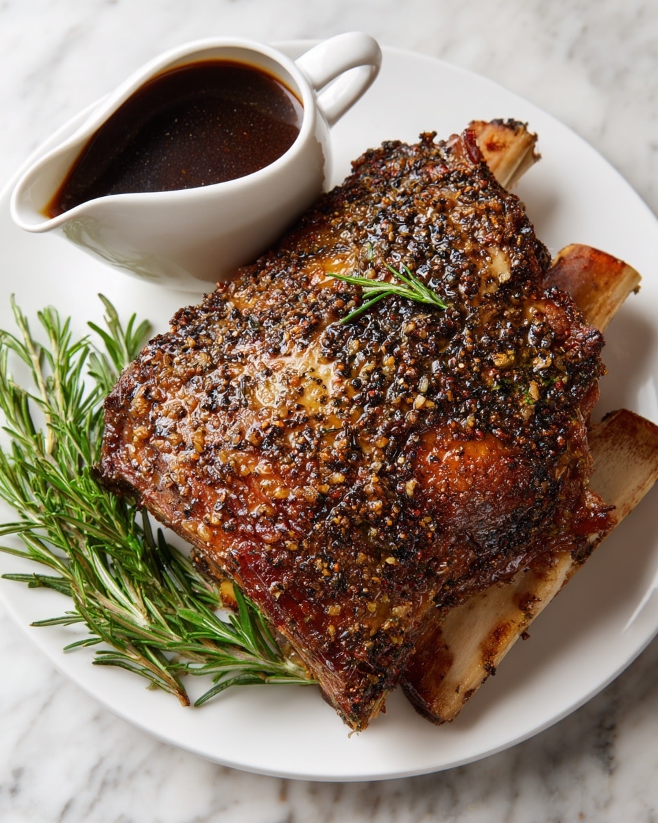 A large piece of roasted meat with two visible bones lies on a white plate, covered with a crust of coarse black pepper and herbs, which gives it a dark brown and slightly shiny texture. A small white sauce pitcher is placed on the left side near the meat, filled with thick dark brown sauce, while a few sprigs of fresh green rosemary lie on top of the meat, adding a touch of brightness. The plate sits on a white marbled surface, making the colors of the meat and herbs stand out. photo taken with an iphone --ar 4:5 --v 7