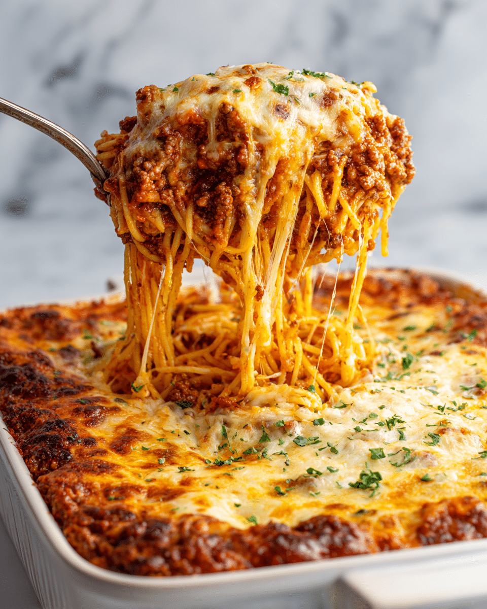 The image shows a close-up of a cheesy spaghetti bake being lifted from a white baking dish. The dish has three visible layers: the bottom layer with a mix of spaghetti noodles coated in a rich red meat sauce, the middle layer thick with ground meat and noodles, and the top layer covered with melted golden-brown cheese sprinkled with small green herbs. As a large spoon lifts a portion, strings of melted cheese stretch between the dish and the scoop, adding a gooey, appetizing texture. The background is a soft white marbled texture. photo taken with an iphone --ar 4:5 --v 7