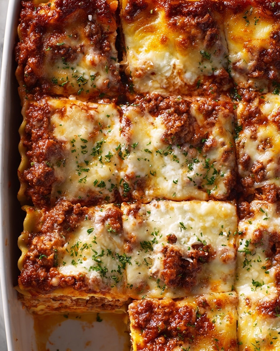 The image shows a close-up of a baked lasagna cut into square pieces inside a white ceramic dish. The dish reveals multiple layers starting from a thick base of browned meat sauce mixed with tomato, followed by pasta sheets, and topped with a rich, melted cream-colored cheese layer that is slightly browned around the edges. The cheese is sprinkled with finely chopped green herbs, adding a fresh contrast to the warm tones of the lasagna. The surface of the dish is glossy from the cheese and sauce, with some browned spots clearly visible where the cheese is slightly crisp. photo taken with an iphone --ar 4:5 --v 7