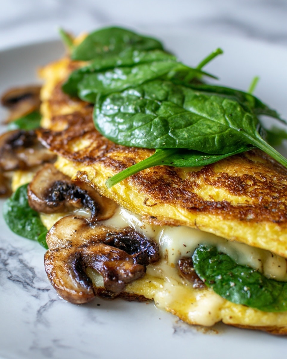 The image shows a close-up of a folded omelette with a golden-brown, slightly crispy outer layer. The omelette is filled with melted cheese that oozes out beside sautéed brown mushrooms at the bottom left. On top of the omelette, fresh green spinach leaves add a pop of color and fresh texture. The dish is presented on a white marbled surface that creates a clean, bright background. Photo taken with an iphone --ar 4:5 --v 7