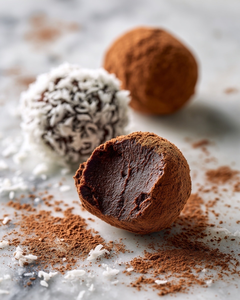 The image shows three small chocolate truffles placed on a white marbled surface. The truffle in the front is bitten, revealing its smooth, dark brown inside with a shiny texture and soft look. It has a dusting of cocoa powder on the outside and a few cocoa powder spots scattered around it on the surface. Behind it, there is a whole truffle covered in the same cocoa powder, and slightly farther back, there is another truffle coated in white coconut flakes, adding texture contrast. The scene suggests a close-up glance at these bite-sized treats with a soft focus on the background. photo taken with an iphone --ar 4:5 --v 7