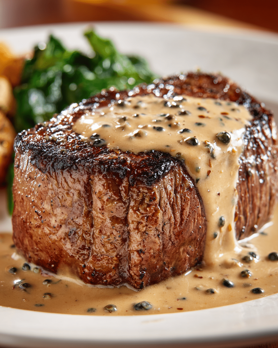 A thick, grilled steak with a dark brown, slightly charred crust is placed on a white plate. The steak is covered with a creamy, light brown sauce that has visible black peppercorns, dripping down the sides. In the background, there is a small portion of leafy green vegetables and a hint of another side dish, all on a white marbled surface. The sauce looks smooth and glossy, contrasting with the rough texture of the steak crust. photo taken with an iphone --ar 4:5 --v 7