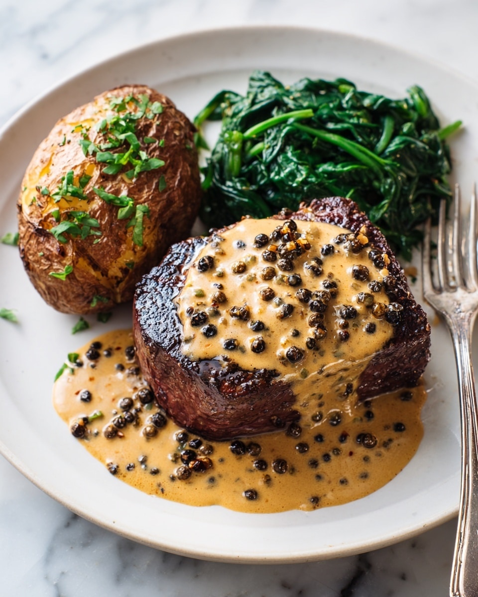 A white plate holds a juicy, dark brown steak layered with a thick, creamy light brown peppercorn sauce speckled with whole black peppercorns, covering the top and some sides of the steak. To the right of the steak, there is a small pile of bright green sautéed spinach with a glossy texture. Below the spinach, a roasted potato with a crispy, golden brown skin and sprinkled with chopped green herbs rests. A silver fork is visible at the bottom of the plate, set against a white marbled surface. photo taken with an iphone --ar 4:5 --v 7