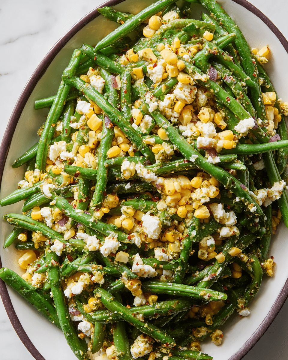 A close-up top view of a dish in a white bowl with a dark rim, filled with bright green fresh green beans as the main layer, mixed with yellow corn kernels scattered throughout as the second layer, topped off with small chunks and crumbles of white cheese, finely chopped light purple onions, and light green herbs mixed with a little red chili flakes, all gently coated in a light green herb dressing, set on a white marbled surface. photo taken with an iphone --ar 4:5 --v 7