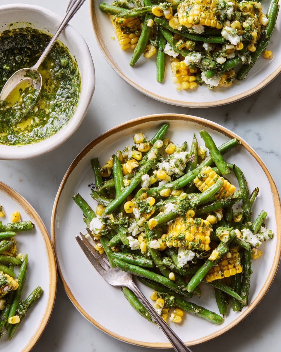 The image shows a dish with bright green beans and yellow corn cut from the cob, mixed with small white chunks of cheese scattered on top. The food looks fresh and is coated in a green herb sauce with visible small leaves and oil glistening on the vegetables. The dish is served on three round white plates, each with a golden rim, placed on a white marbled surface. A silver fork rests on the bottom plate beside the green beans. In the upper left corner, there is a white bowl filled with more green herb sauce and a silver spoon resting inside. photo taken with an iphone --ar 4:5 --v 7