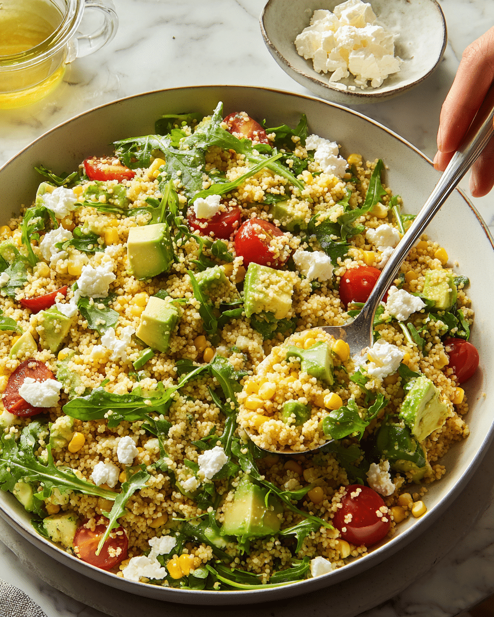 A large white plate holds a multi-layered couscous salad with a base layer of small, light yellow couscous grains mixed evenly with bright yellow corn kernels. On top are scattered chunks of light green avocado pieces, deep green arugula leaves, and small bright red cherry tomatoes cut in half, adding vibrant color and texture. White crumbles of feta cheese are spread across the salad, giving a soft contrast to the vegetables. A woman's hand uses a silver fork to lift a filled scoop of the salad from the plate. Nearby, a small white bowl with soft white cheese and a clear jar of golden yellow dressing sit on a white marbled surface. Photo taken with an iphone --ar 4:5 --v 7