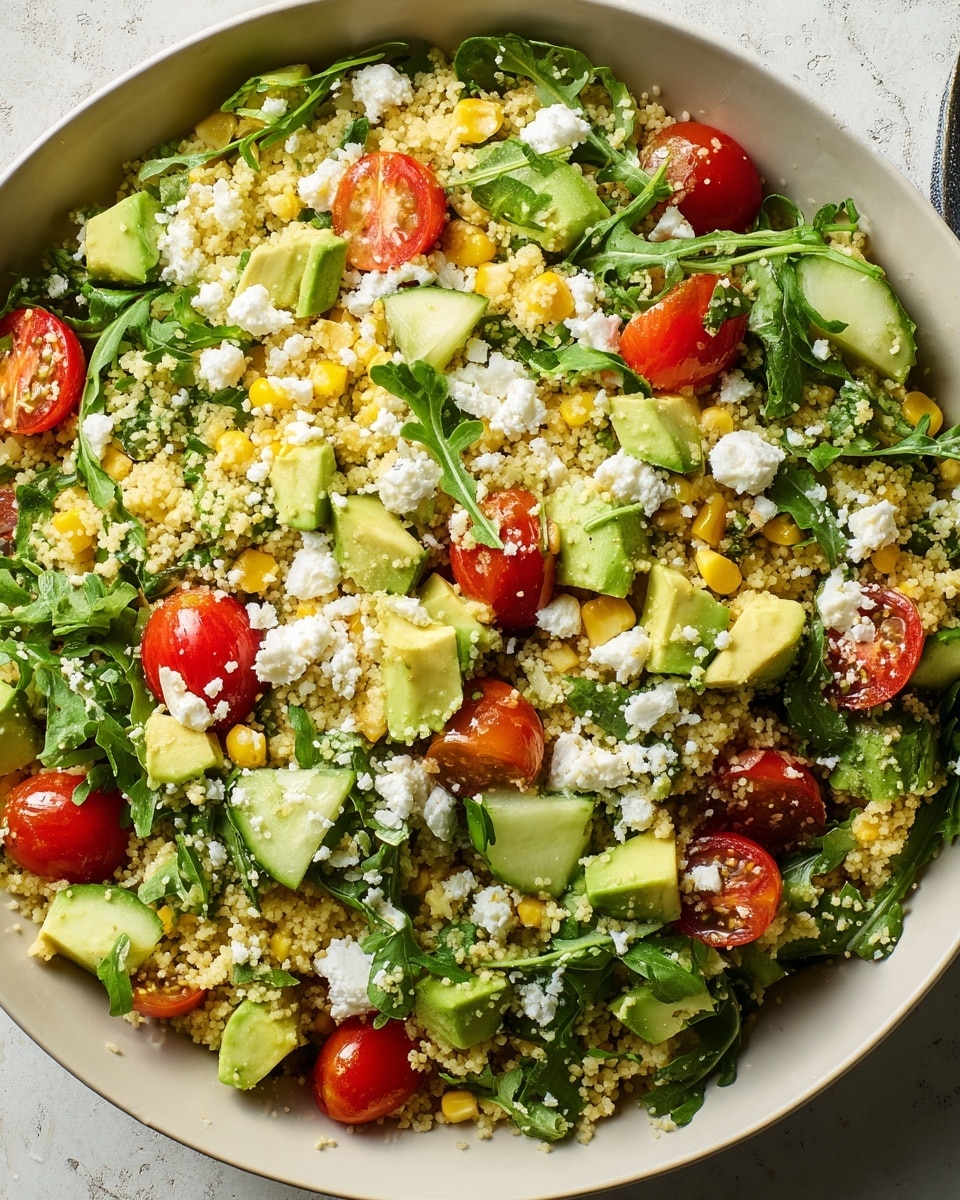 A large white bowl filled with a colorful couscous salad sitting on a white marbled texture surface. The base layer is light yellow couscous, mixed with bright green arugula leaves spread throughout. Scattered on top are halved red cherry tomatoes, small yellow corn kernels, diced light green avocado, and green cucumber slices with darker green skin. White crumbled feta cheese pieces are sprinkled evenly over the salad, adding a soft texture contrast. The mixture is fresh and vibrant, showing many small layers of different colors and textures together in one bowl photo taken with an iphone --ar 4:5 --v 7