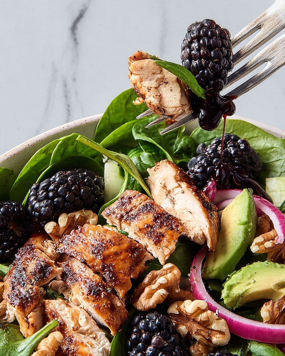 The image shows a close-up of a salad with layers of fresh ingredients. At the bottom, there is a bed of green spinach leaves mixed with slices of avocado that are light green with a creamy texture. On top of that, there are pieces of grilled chicken with a golden-brown, slightly charred skin showing a crispy texture. Scattered around are whole walnuts, adding a rough, brown, and crunchy layer. Fresh blackberries, dark purple and shiny, are scattered among the walnuts. Thin slices of red onion add a pop of pinkish color and crispness. A fork holds a bite-sized piece of grilled chicken, a spinach leaf, and a blackberry dripping with dark syrup, just above the salad. All this is set on a white plate against a white marbled surface. photo taken with an iphone --ar 4:5 --v 7