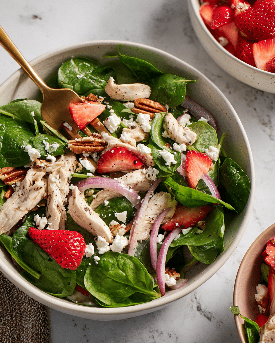 A fresh salad is shown in a white shallow bowl on a white marbled surface. The bottom layer is bright green spinach leaves with a smooth, slightly glossy texture. On top of the greens, there are thin strips of light beige cooked chicken, thin slices of purple-red onion, and scattered pieces of chopped brown pecans. Fresh red strawberry slices add bright pops of color, and crumbled white feta cheese is sprinkled unevenly across the salad. Some pieces are seasoned with small black pepper specks, enhancing the texture and color contrast. Near the edge, a gold fork holds a bite of salad with a strawberry slice, spinach, and feta cheese. In the upper right corner, part of another white bowl with sliced strawberries is visible. Photo taken with an iphone --ar 4:5 --v 7