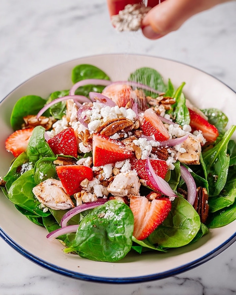 A fresh salad is shown in a white plate with a blue rim, placed on a white marbled surface. The salad has multiple layers: at the base, bright green spinach leaves form the main layer, topped with thin reddish-purple rings of red onion. Scattered over these are red, sliced strawberries and small chunks of cooked white chicken. There are also small pieces of brown pecans and white crumbled cheese evenly spread across. A woman's hand is sprinkling something over the salad from above. The mix of colors and textures gives the salad a fresh, vibrant look. photo taken with an iphone --ar 4:5 --v 7