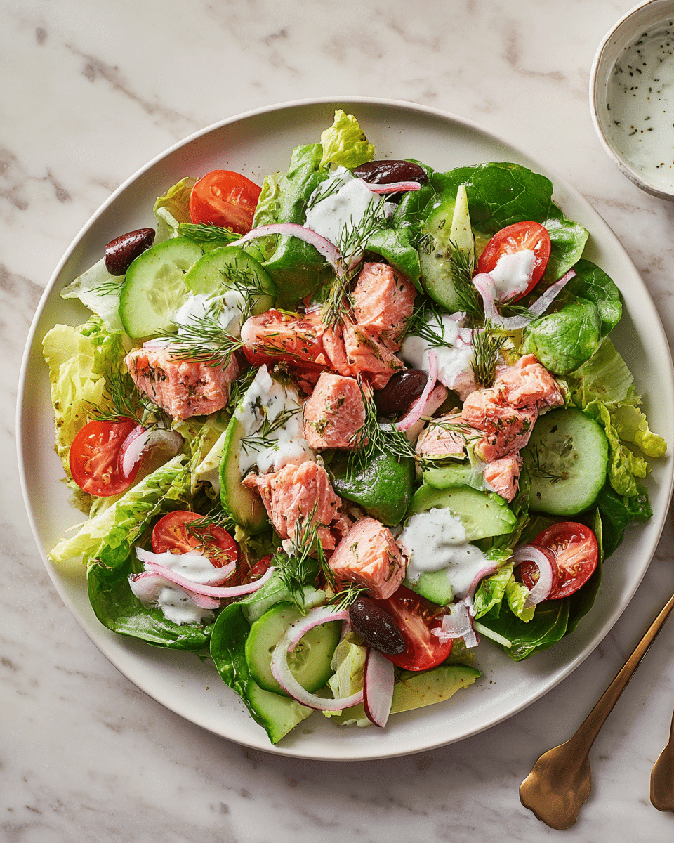 A large white plate holds a fresh salad with several layers: the base is a mix of bright green romaine and spinach leaves with varying textures from smooth to slightly wrinkled. On top, there are slices of light green cucumber with a fresh, moist look, and halved cherry tomatoes showing their deep red juicy interior. Scattered on the salad are chunks of pink cooked salmon seasoned with herbs, pieces of creamy white feta cheese, and dark purple olive halves. Thin, curled slices of pickled red onions add a translucent pink hue, while slices of avocado with a smooth pale green surface rest on the salad. White creamy dressing is dolloped unevenly across the top, and small sprigs of fresh green dill are sprinkled throughout. The plate sits on a white marbled surface. Photo taken with an iphone --ar 4:5 --v 7