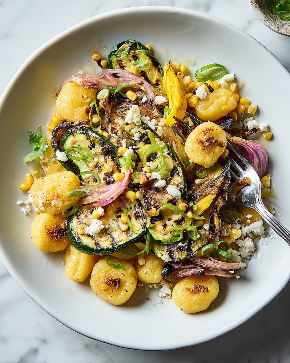 A white plate holds a colorful dish with three main layers: the bottom layer has yellow and purple grilled vegetables including thick slices of yellow pepper and charred shallots; the middle layer features round, golden gnocchi with slight browning, and thick green slices of grilled zucchini marked with dark grill lines; the top layer is scattered with small yellow corn kernels, white crumbles of cheese, and thin green slices of scallion. A silver fork rests on the right side of the plate, holding a piece of gnocchi. The plate sits on a white marbled texture. photo taken with an iphone --ar 4:5 --v 7
