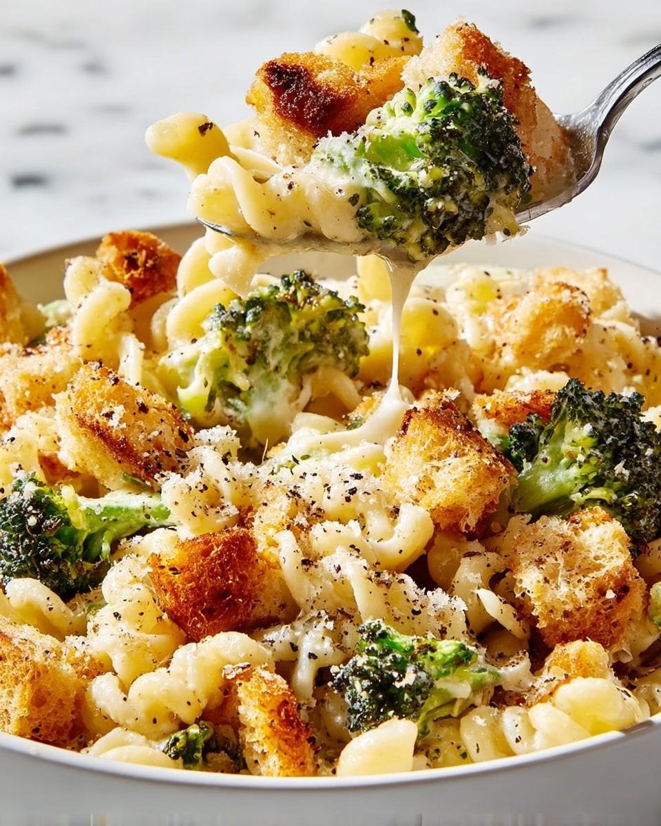 The dish is a close-up of creamy pasta with broccoli and golden brown toasted bread pieces in a white bowl. The pasta is pale yellow and curly, layered evenly throughout the bowl. Bright green broccoli florets are mixed in, standing out with their rich color and textured surfaces. The toasted bread bites are crunchy with a browned, crumbly texture, scattered generously on top and mixed inside. The creamy sauce coats the pasta and broccoli lightly, adding a smooth and slightly glossy touch. A sprinkling of black pepper and grated cheese covers the top, adding tiny specks of dark and white colors. A metal spoon is lifting a scoop of the dish, showing the layers clearly with the creamy sauce dripping slightly, all set against a white marbled texture. Photo taken with an iphone --ar 4:5 --v 7