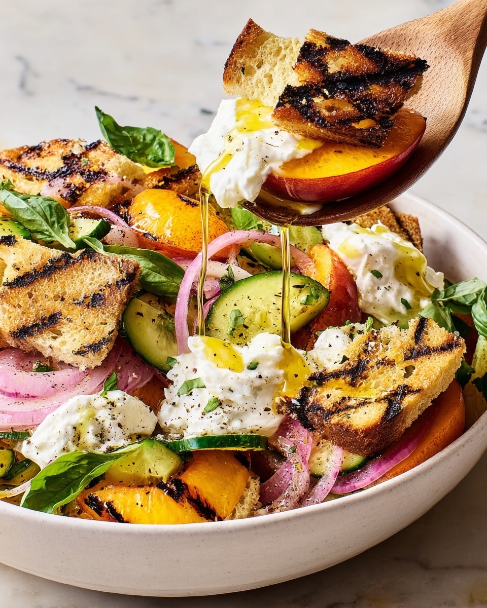 A close-up view of a colorful salad served in a white bowl resting on a white marbled surface. The salad has several visible layers: the bottom layer features grilled bread pieces with char marks, light brown with darker grill lines, scattered throughout. Above this, there are bright orange grilled peach slices also marked with black grill lines. Mixed in are thin slices of fresh cucumber, light green with a slightly bumpy texture, and thin rings of purple-red onion adding vibrant color contrast. On the top layer, dollops of white creamy cheese are spread unevenly, drizzled with a golden-yellow olive oil and sprinkled with coarse black pepper. Fresh green basil leaves add a touch of brightness, scattered across the salad. A wooden spoon is lifting a portion of the salad, showing the layers clearly with the grilled bread more prominent in the spoon and a drizzle of yellow oil dripping from it. Photo taken with an iphone --ar 4:5 --v 7