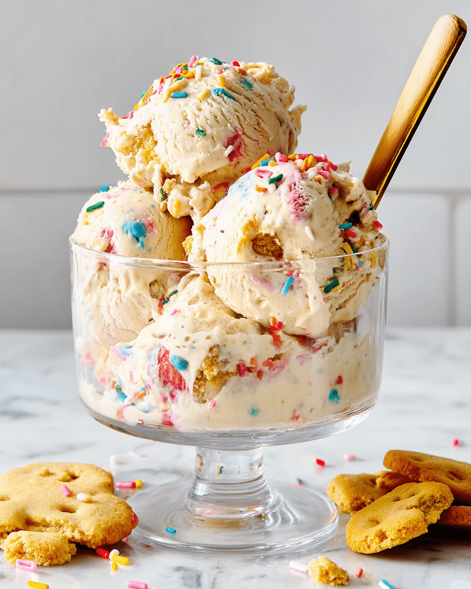 A clear glass dessert cup holds three large scoops of creamy ice cream with a light beige color mixed with colorful rainbow sprinkles scattered throughout, creating spots of red, blue, green, pink, and orange. The ice cream looks soft and slightly melting, with a smooth and slightly chunky texture from the sprinkles and cookie pieces. A wooden spoon stands partially inside the ice cream. Around the base, small yellowish cookies with bits of colorful sprinkles are scattered on a white marbled surface. The background is plain white with a subtle texture. photo taken with an iphone --ar 4:5 --v 7