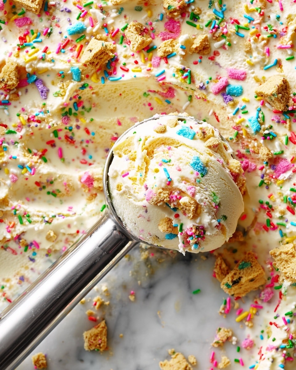 The image shows a close-up of creamy white ice cream mixed with colorful rainbow sprinkles and chunks of cookie pieces. The ice cream appears thick and smooth, with crumbly cookie bits and bright red, blue, green, yellow, pink, and white sprinkles scattered evenly on top and mixed inside. A shiny metal ice cream scoop holds a rounded scoop of the ice cream, showing a mix of the creamy texture, cookie crumbs, and sprinkles. The scene is set on a white marbled surface, adding a clean background to the vibrant dessert. Photo taken with an iphone --ar 4:5 --v 7