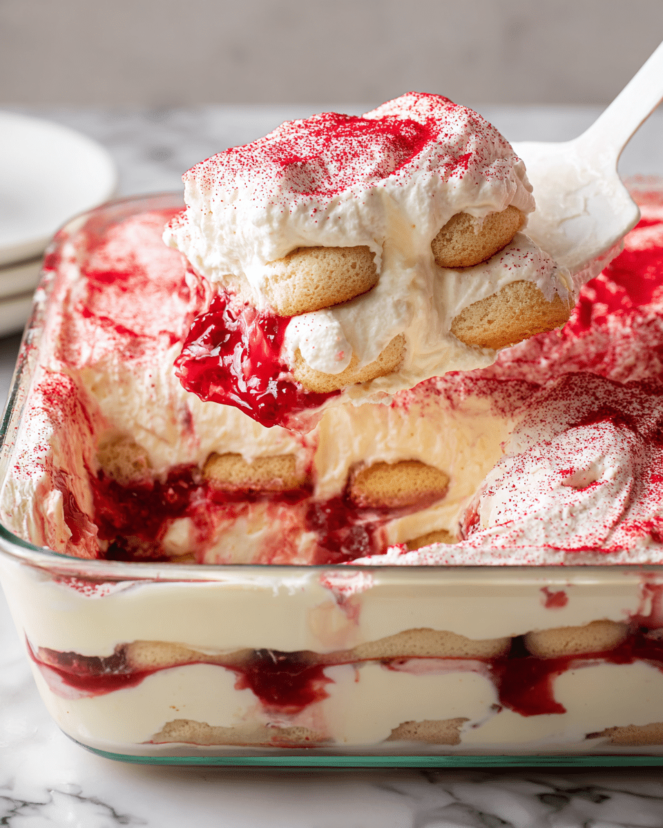 The image shows a close-up of a layered dessert in a clear glass baking dish placed on a white marbled surface. The dessert has three main visible layers: at the bottom, there are soaked light brown ladyfinger biscuits arranged tightly, followed by a thick creamy white layer of mascarpone or whipped cream filling, and then a layer of red berry sauce with a glossy texture spread unevenly on top of the cream. The topmost layer is a thick, fluffy white cream sprinkled with bright red powder, creating a textured and colorful finish. A piece of the dessert has been lifted on a white spatula, showing the inside layers clearly, and it highlights the soft, moist texture of the biscuit and the creamy filling with hints of the red berry sauce inside. Photo taken with an iphone --ar 4:5 --v 7