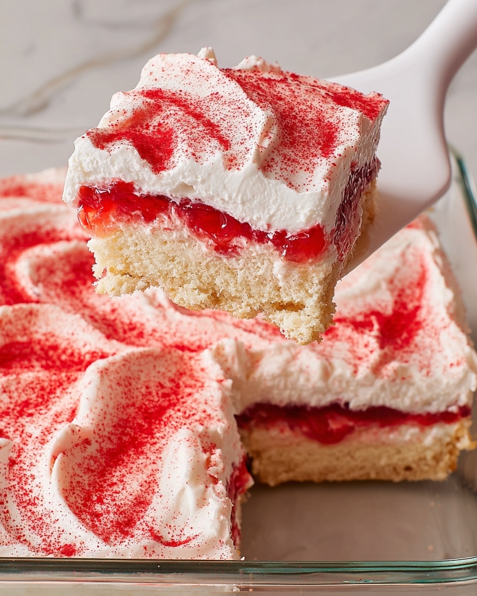 A close-up view of a square piece of layered dessert being lifted from a clear glass dish by a white spatula. The dessert has three visible layers: a bottom layer of light tan cake soaked in syrup, a middle layer of bright red jelly or fruit filling, and a thick top layer of white whipped cream sprinkled evenly with red powder. The whipped cream on top has soft swirls and a smooth texture. The dish sits on a white marbled surface, and the dessert piece shows the contrasting colors and textures of each layer clearly. photo taken with an iphone --ar 4:5 --v 7