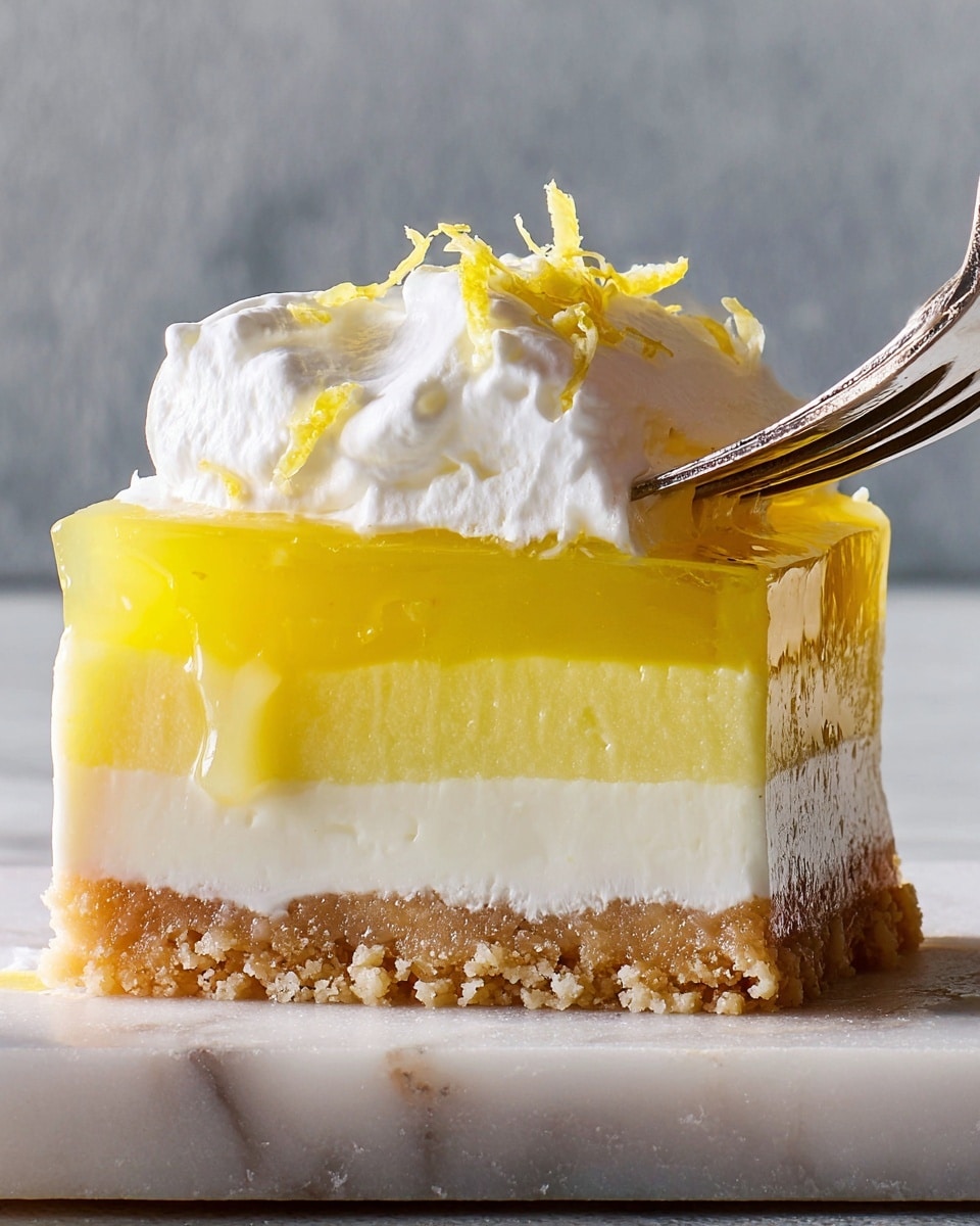 The image shows a close-up of a slice of lemon dessert with four clear layers. The bottom layer is a crumbly, light brown crust. Above it is a creamy white layer with a smooth texture. The next layer is a thick, bright yellow jelly that looks shiny and firm. The top layer is a fluffy white whipped topping with small lemon zest pieces scattered on it. A silver fork is cutting into the dessert from the upper right side. The dessert sits on a white marbled surface with a soft gray background behind it. Photo taken with an iphone --ar 4:5 --v 7