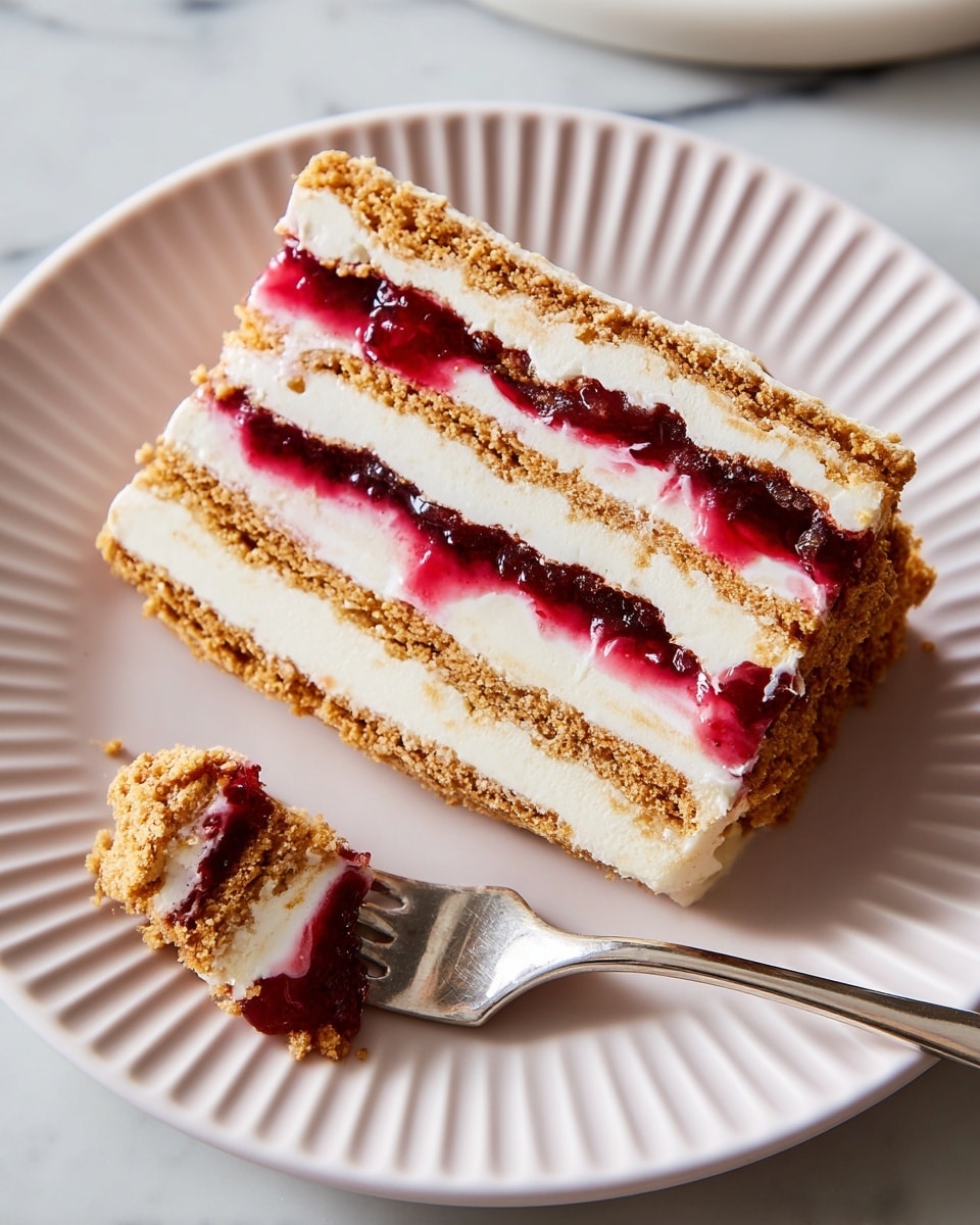 A slice of layered dessert on a white plate with ridged edges is shown, featuring four distinct layers of light brown crumbly cookie or biscuit separated by three thick layers of creamy white filling. Between the creamy layers, there are bright red fruit jam layers that add a splash of color, with some jam placed on top of the slice for decoration. A silver fork holds a bite-sized piece of the dessert near the plate’s edge. The plate rests on a white marbled surface. photo taken with an iphone --ar 4:5 --v 7