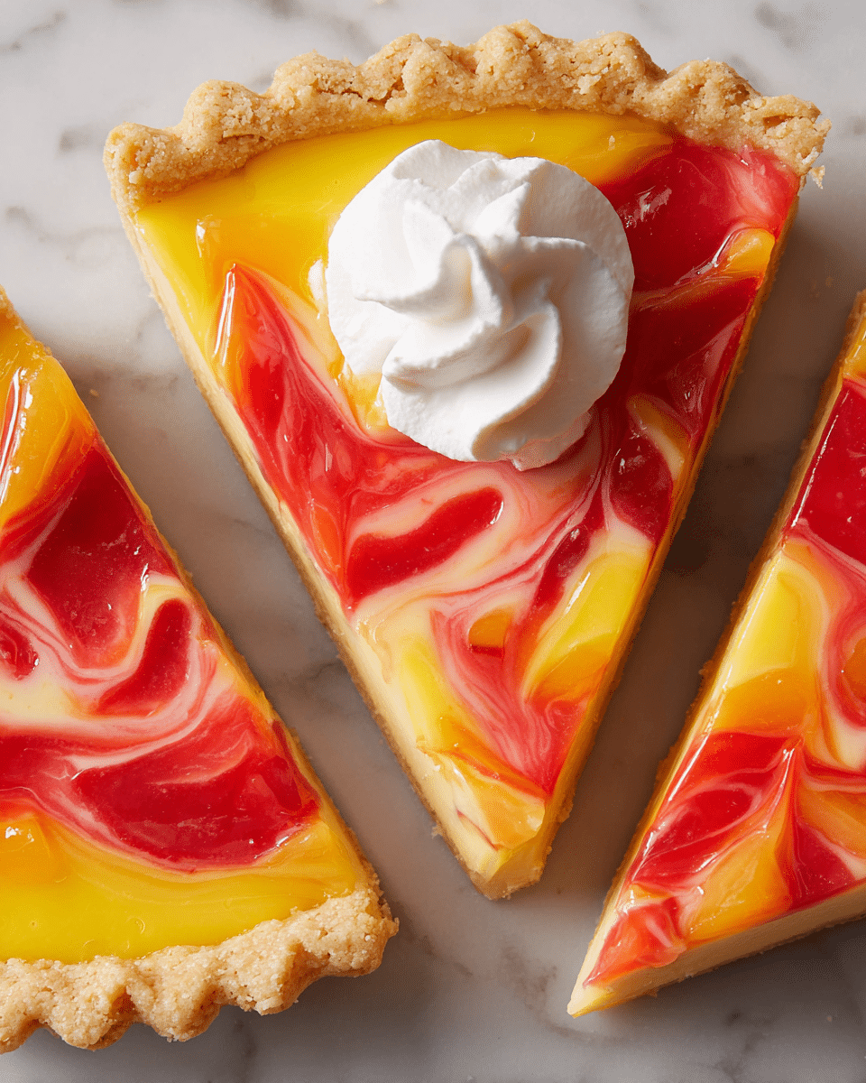 Three slices of a fruit tart are shown on a white marbled surface. Each slice has a crumbly, pale yellow crust forming the base and edges. The filling has two layers; the bottom layer is bright yellow with a smooth, custard-like texture, and swirled above it is a glossy, translucent red layer in irregular patterns. One slice in the middle is topped with a dollop of fluffy white whipped cream. The top edge of the crust is ridged, adding texture contrast to the smooth, colorful filling inside. Photo taken with an iphone --ar 4:5 --v 7